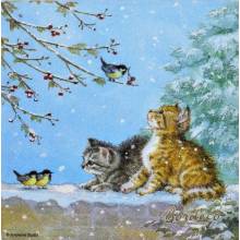 Serwetka decoupage firmy AMBIENTE kotki z ptaszkami 25x25cm